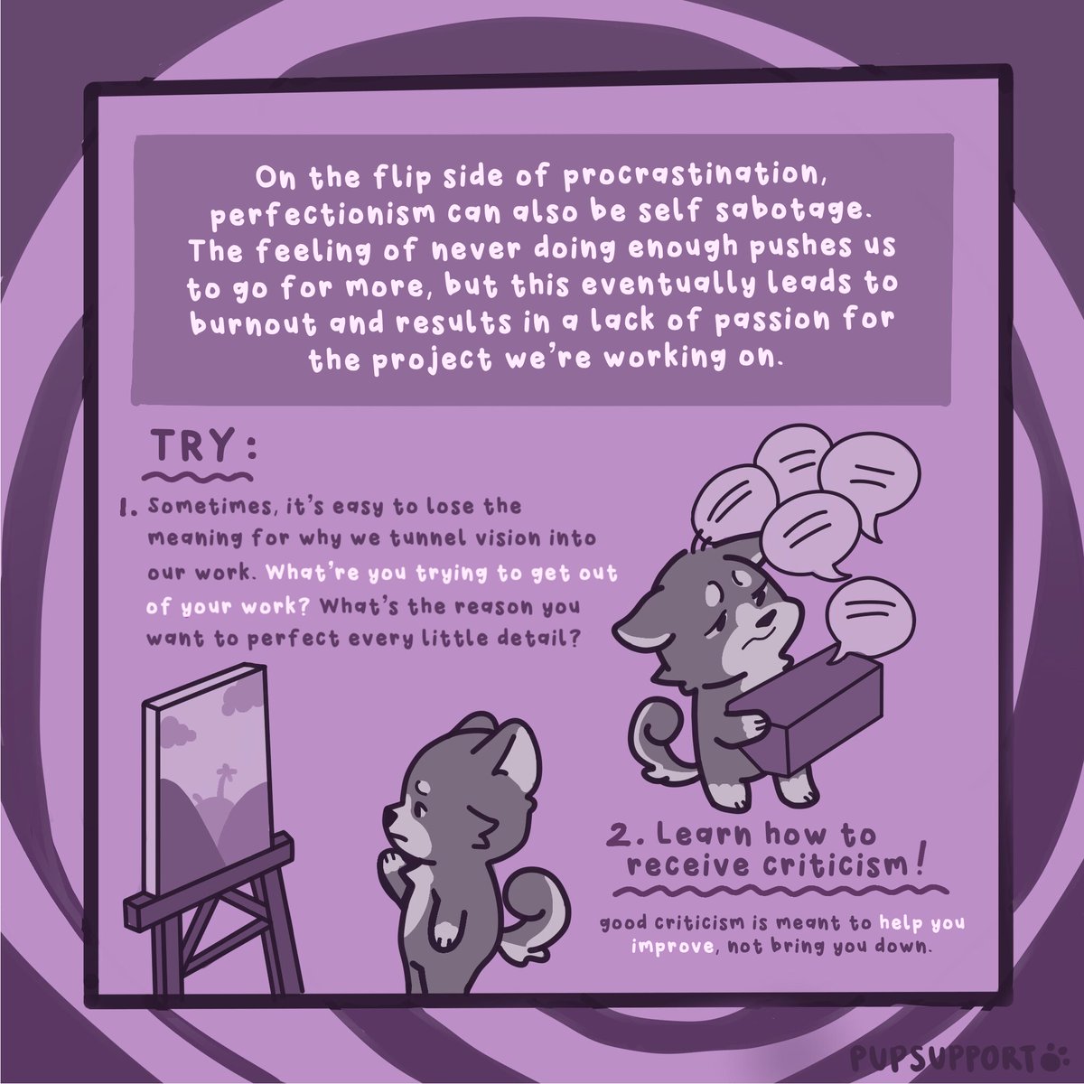 pup_support's tweet photo. Self-sabotage series part two: the perfectionist. Perfectionists never feel satisfied and set overly ambitious goals that ultimately lead to burnout. Try asking: 1) What's your goal? 2) Why do you fixate on minor details? Learning to embrace criticism can foster self-growth. https://t.co/yvoEFsGzlx