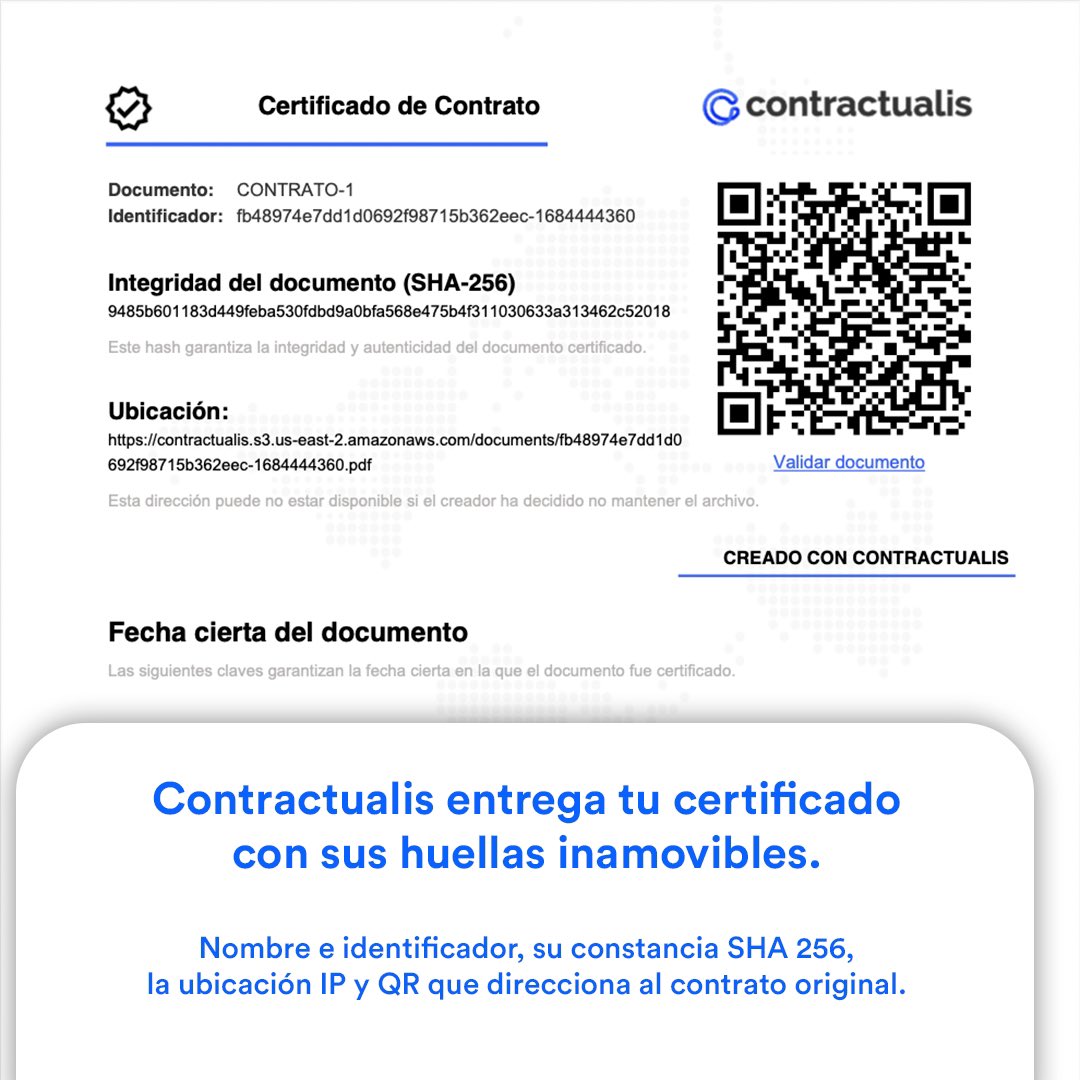 contractualis's tweet image. El certificado de contrato es un documento, en el cual, se incluye Nombre, constancia SHA-256, sellos de tiempo y huellas digitales del contrato previamente firmado, esto para garantizar su registro único y que nadie pueda modificarlo.
-
#blockchains  #contract #digitalcontracts