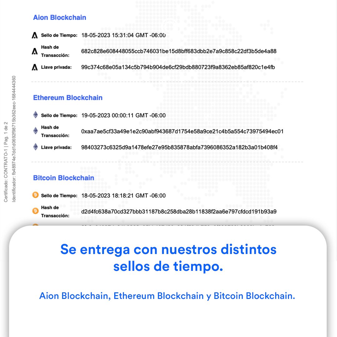 contractualis's tweet image. El certificado de contrato es un documento, en el cual, se incluye Nombre, constancia SHA-256, sellos de tiempo y huellas digitales del contrato previamente firmado, esto para garantizar su registro único y que nadie pueda modificarlo.
-
#blockchains  #contract #digitalcontracts
