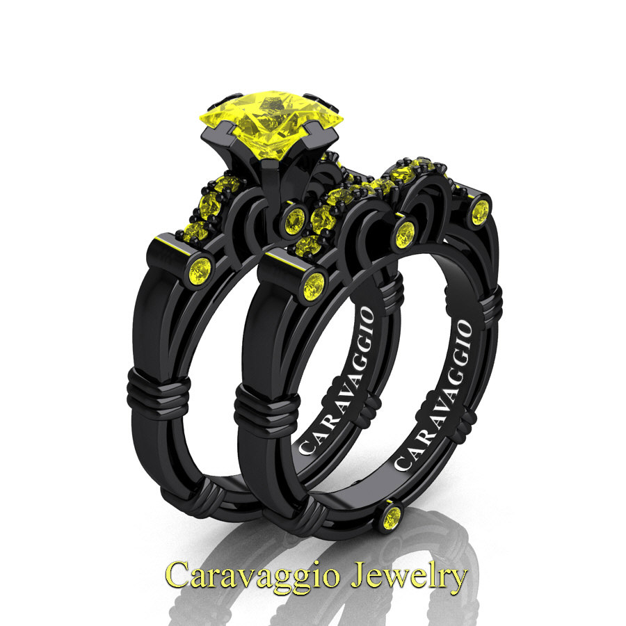 Exclusive 💎 caravaggiojewelry.com/?p=383950 Art Masters Caravaggio 14K Black Gold 1.25 Ct Princess Yellow #Sapphire Engagement Ring Wedding Band Set R623PS-14KBGYS at Caravaggio™ Jewelry
