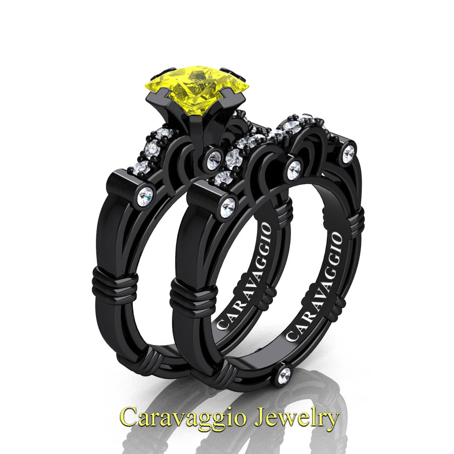 Exclusive 💎 caravaggiojewelry.com/?p=383931 Art Masters Caravaggio 14K Black Gold 1.25 Ct Princess Yellow #Sapphire #Diamond Engagement Ring Wedding Band Set R623PS-14KBGDYS at Caravaggio™ Jewelry