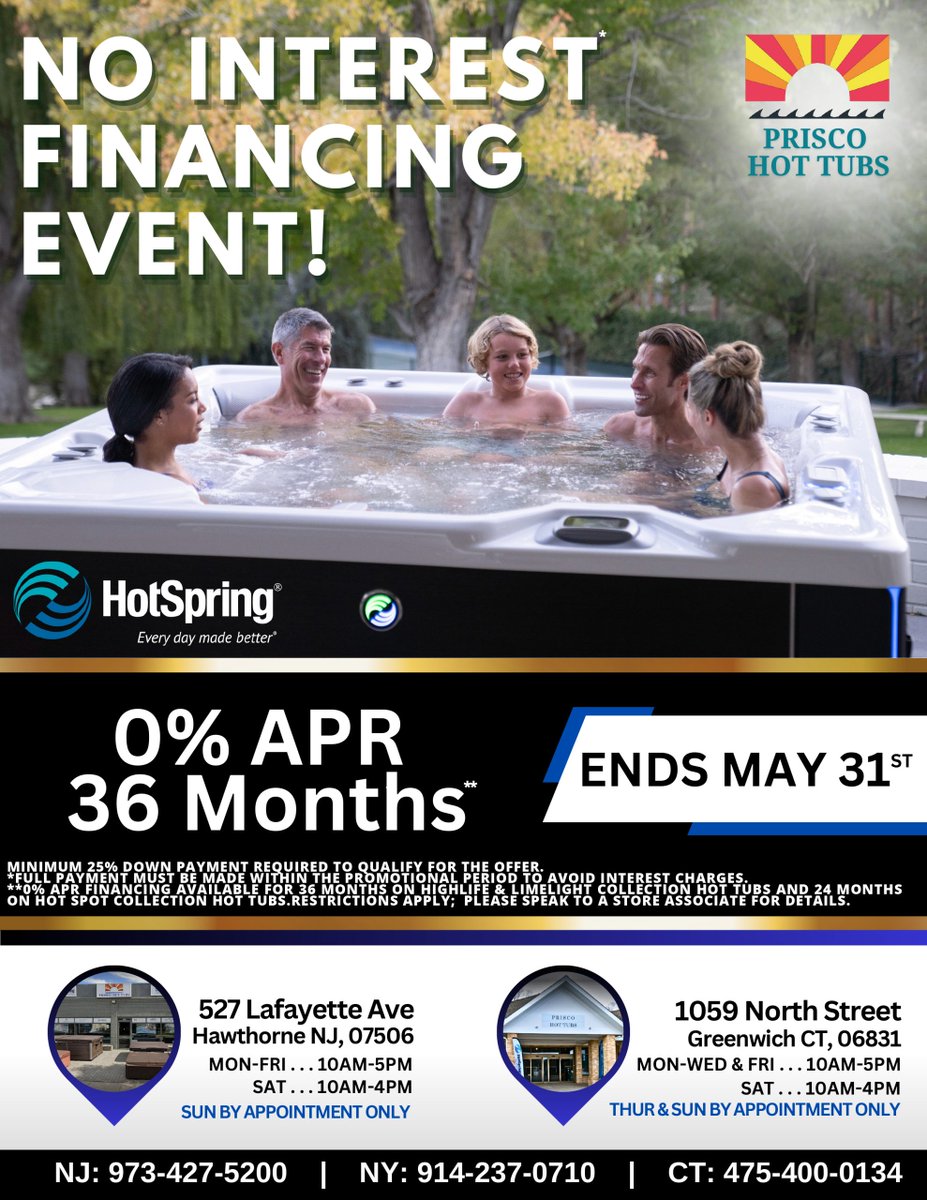 Don't miss out on our No Interest Financing Event going on until May 31st! Just in time for summer hangouts, get that hot tub you've been dreaming of. 
#hottub #nointerest #financing #hotspringspas

Call or come in today!
👉 ow.ly/xyE450Osxv1
