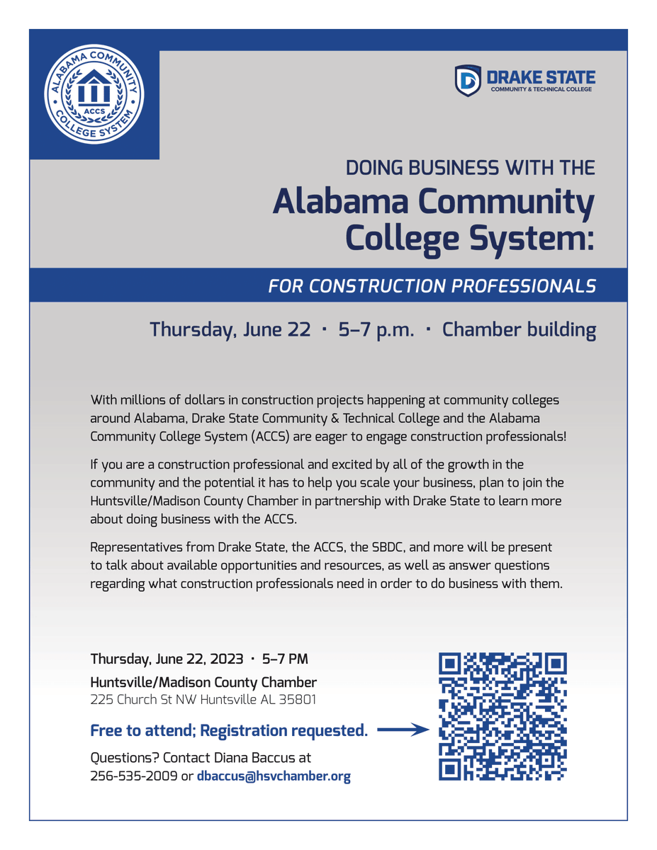 Drake State (@drakestate) on Twitter photo CALLING CONSTRUCTION PROFESSIONALS!
The <a href="/huntsvillealcoc/">huntsvillealcoc</a>, in partnership with Drake State, is offering a learning opportunity for construction professionals interested in growing their company in the community. The focus: doing business with the <a href="/ACCS_Education/">Alabama Community College System (ACCS)</a> CALLING CONSTRUCTION PROFESSIONALS!
The <a href="/huntsvillealcoc/">huntsvillealcoc</a>, in partnership with Drake State, is offering a learning opportunity for construction professionals interested in growing their company in the community. The focus: doing business with the <a href="/ACCS_Education/">Alabama Community College System (ACCS)</a>
