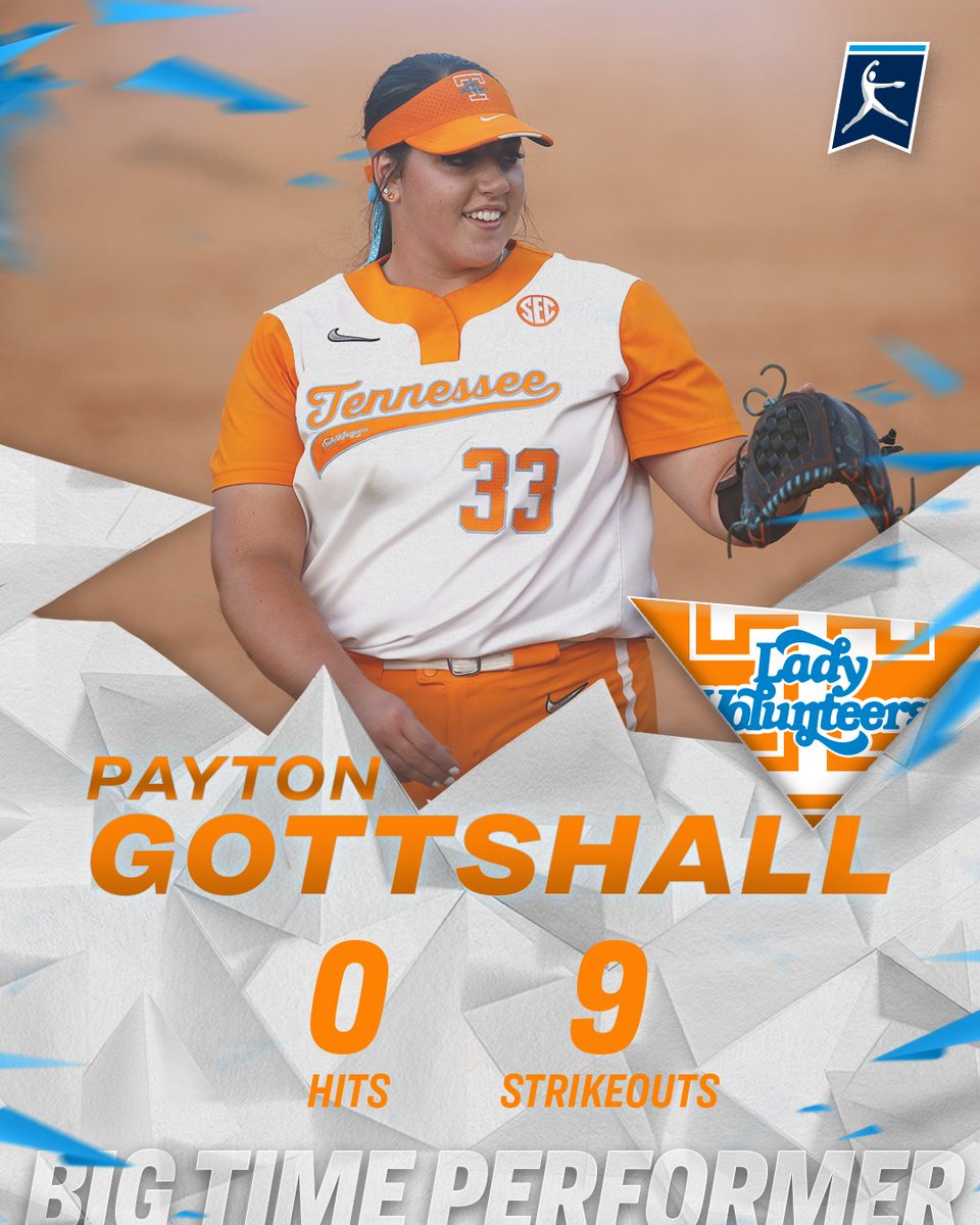 Payton Gottshall tosses a 𝐍𝐎-𝐍𝐎 in (4) <a href="/Vol_Softball/">Tennessee Softball</a>'s 12-0 win (5 inn.) against Northern Kentucky.

#RoadToWCWS