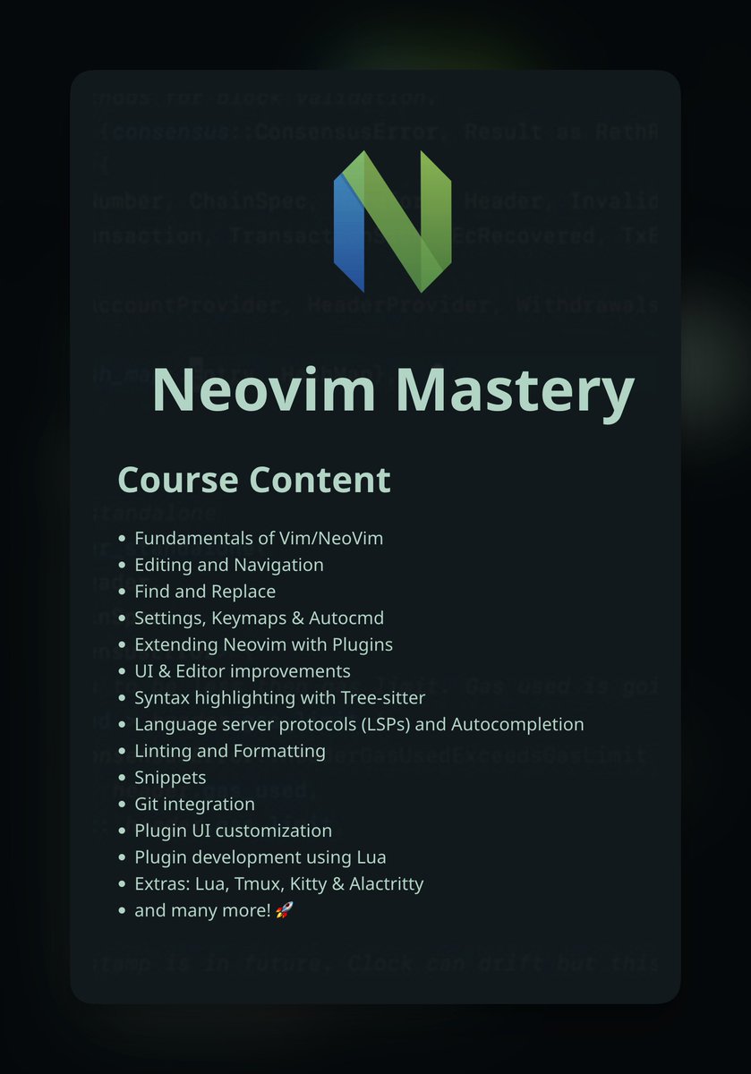Adib_Hanna's tweet image. COURSE ANNOUNCEMENT:

Neovim Mastery! 👇
neovimmastery.com

Sign up to stay up to date on the release date! 
+ tips and exclusive videos.