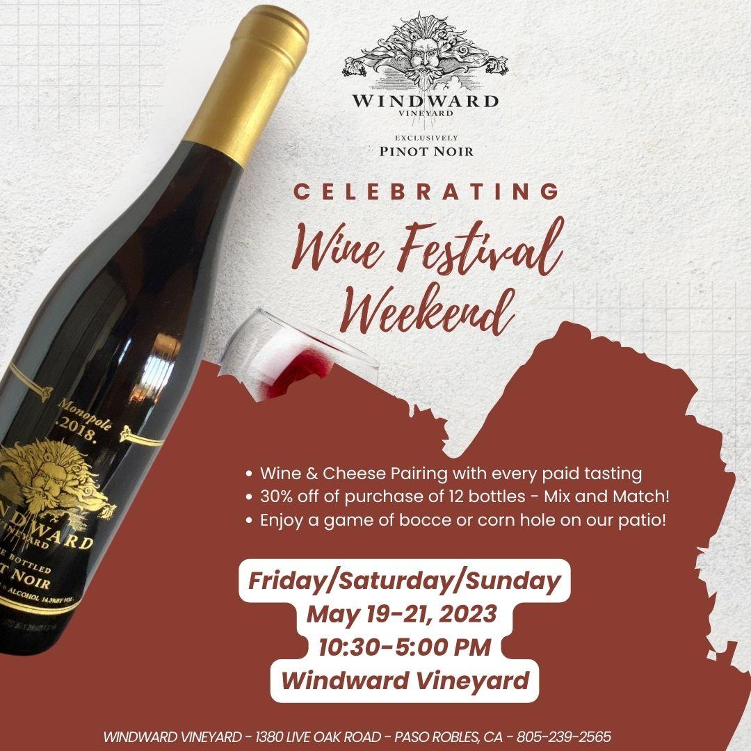WindwardPinot's tweet photo. Wine Festival Weekend is upon us!  Stop by Windward Vineyard to enjoy our vertical flight of Pinot Noir along with a cheese pairing.  Relax and sip overlooking vineyards, or play a rousing game of bocce ball or corn hole!  30% off if you buy a case of wine! https://t.co/5YcRJDnPJ2