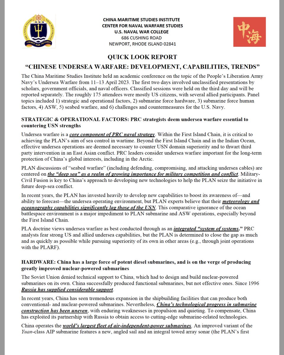 AndrewSErickson's tweet photo. Great to see new @NavalWarCollege @ChinaMaritime Studies Institute (#CMSI) conference "Quick Look" summary cited!

https://t.co/qPPFx1EKDN

* Cutting-edge #OpenSource insights into #Chinese #Undersea #Warfare, incl. #submarine tech, crews &amp; chain-of-command issues + #UUVs &amp; more! https://t.co/SZP9TgEx9A