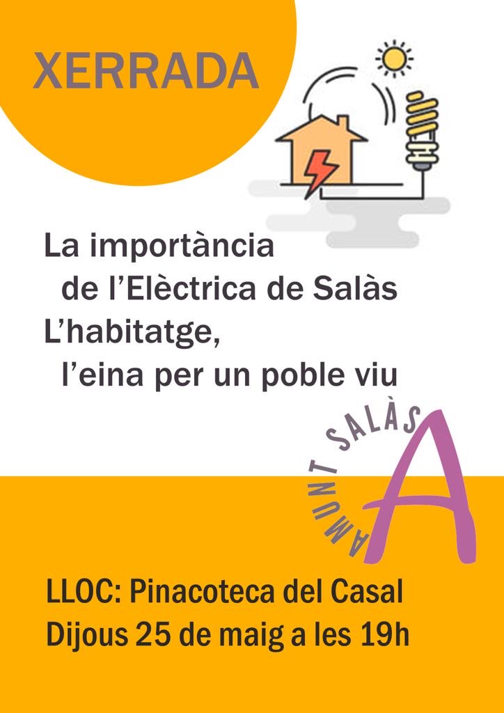 Dijous vinent explicarem la nostra proposta per dinamitzar i millorar l’habitatge al nostre municipi. 
També parlarem de com ens agradaria gestionar les empreses elèctriques municipals. Reptes i oportunitats. 
#AmuntSalàs #28M