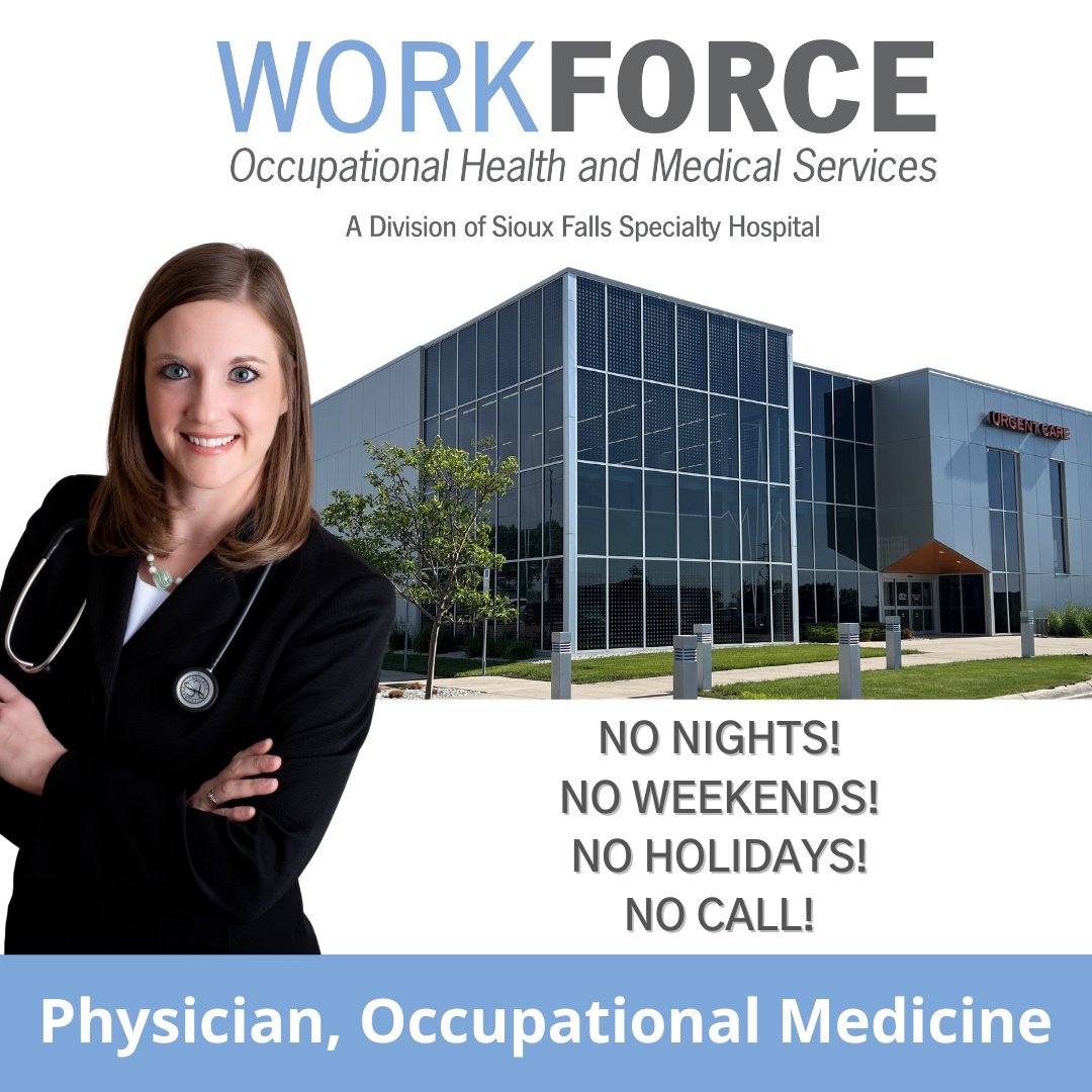 We are hiring a Physician to join our WorkFORCE, Occupational Medicine team! Click the link for more information. Please reach out to our HR team with any questions!

sfsh.hireclick.com/jb/physician-o…

#hiring #phsician #JoinOurTeam #Workforce #siouxfallsspecialtyhospital
