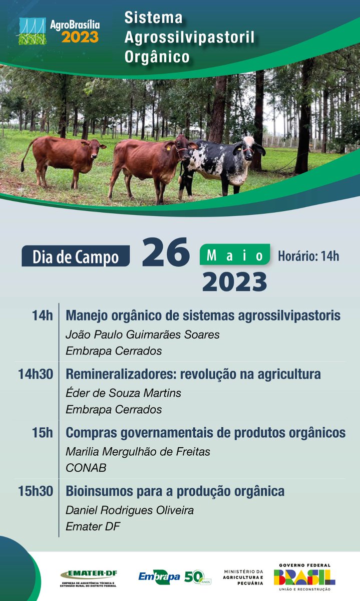 Você sabe o que é um sistema agrossilvipastoril orgânico? Já sabe e quer conhecer melhor como funciona esse sistema? Não perca! Amanhã, às 14h, vamos ter um dia de campo sobre o tema. #AgroBrasilia2023.