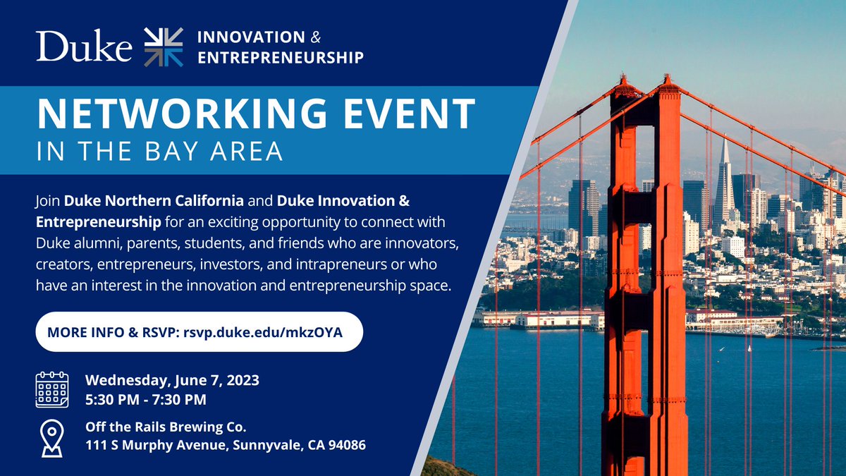 Join Duke Northern California and Duke I&E to connect w/ @DukeAlumni, parents, students, & friends who are innovators, creators, entrepreneurs, investors, & intrapreneurs. 🗓️ Wednesday, June 7, 5:30pm-7:30pm 📍 Off the Rails Brewing Co., Sunnyvale, CA 🔗 rsvp.duke.edu/mkzOYA