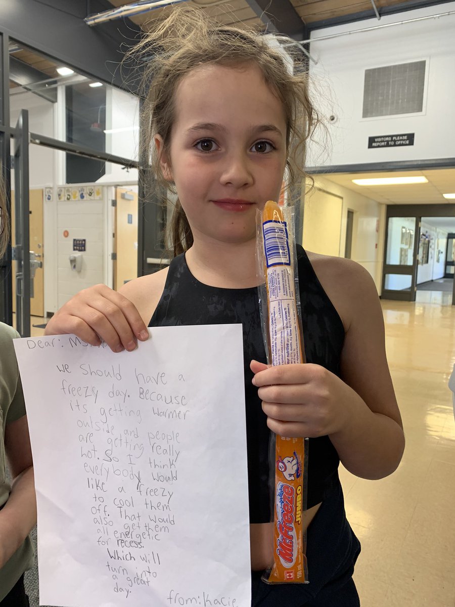 BeaumontPT's tweet photo. When you write a persuasive letter to the principal and you convince her that everyone gets freezies the playground is full of joy #joyfulschools #realworldwriting #persuasiveletter #powerofwords #principalsmailbox @PembinaTrails https://t.co/952kNx83yr