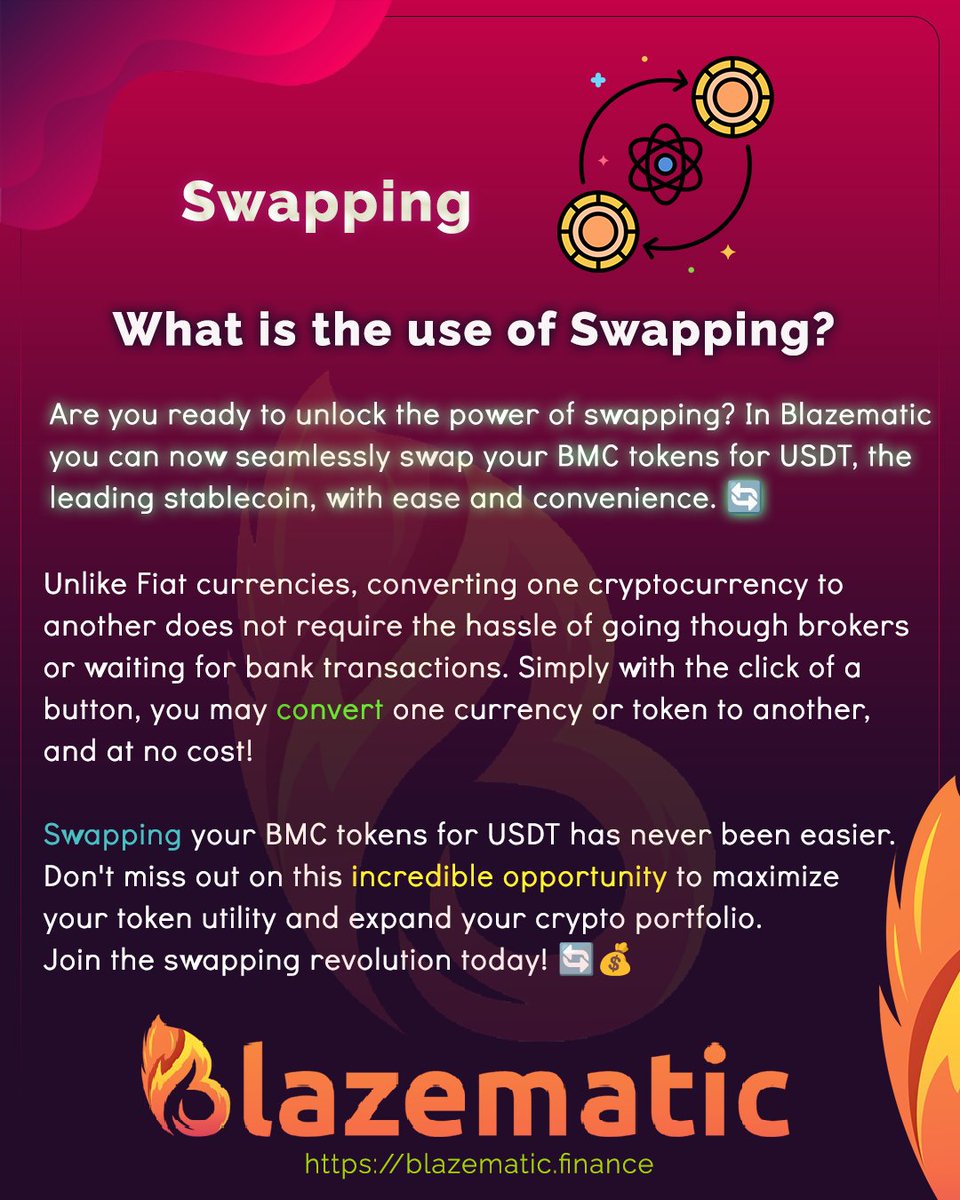 BlazeMatic_NFT's tweet photo. 🌐 Start Swapping Now: https://t.co/zGDtIzKjR5
🔥 Don't miss out on this incredible opportunity to maximize your token utility and expand your crypto portfolio. Join the swapping revolution today! 🔄💰

#CryptoSwapping #BMCtoUSDT #TokenUtility #MaximizeYourPortfolio https://t.co/Ikgqvz9G6T
