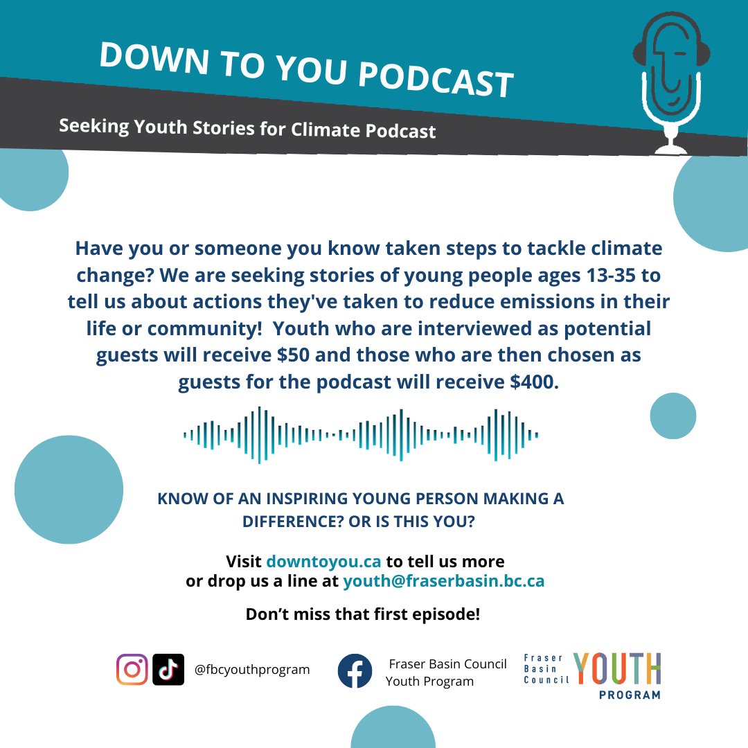 The Fraser Basin Council Youth Program is seeking youth stories for a climate podcast! Learn more about the project and how you can participate at downtoyou.ca or send us an email at youth@fraserbasin.bc.ca  ⬇️
#podcast #podcasting #podcastshow 
downtoyou.ca