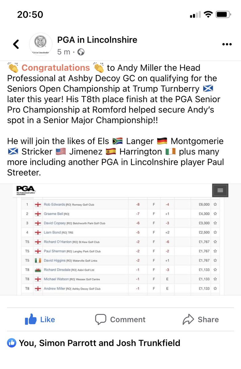 Congrats to Andy Miller <a href="/AshbyDecoy/">Ashby Decoy Pro Shop</a> on qualifying for the <a href="/RandA/">The R&A</a> Seniors Open Championship <a href="/TrumpTurnberry/">Trump Turnberry</a> 🏴󠁧󠁢󠁳󠁣󠁴󠁿 later this year! His T8th place finish at the <a href="/ThePGA/">The PGA</a> Senior Pro Championship at Romford helped secure Andy’s spot in a Senior Major Championship!!