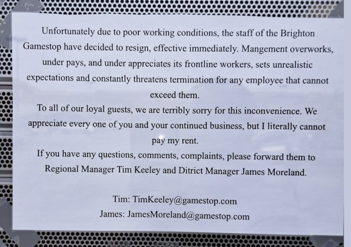 An entire Gamestop Store quit simultaneously the day the day The Legend of Zelda: Tears of the Kingdom came out. They posted this message on the door: