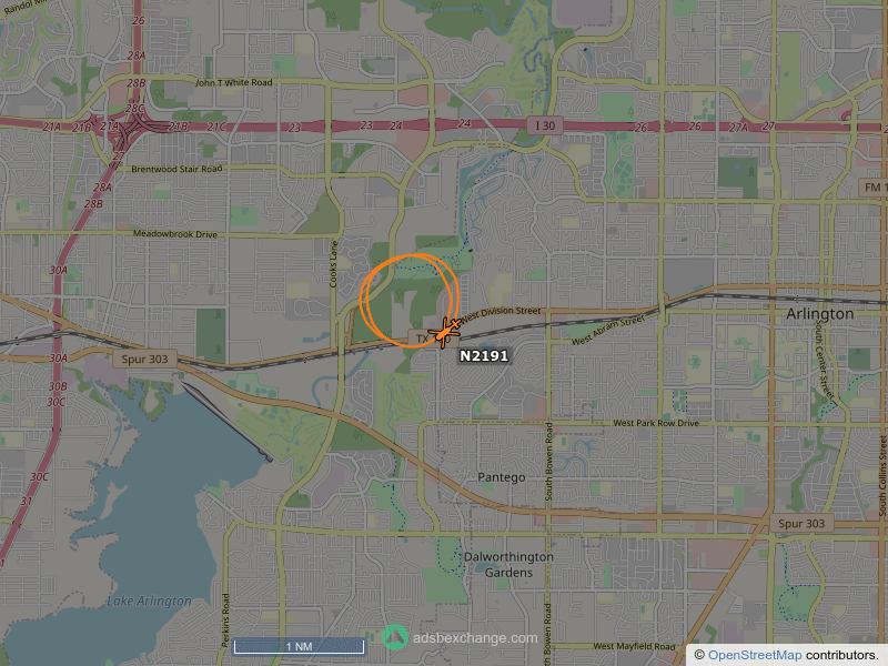 N2191, a Bell Helicopters 407, is circling over Arlington at 1150 feet, speed 58 MPH, squawking 1200, 0.1 miles from Rush Creek globe.adsbexchange.com/?icao=a1dd6c&z…