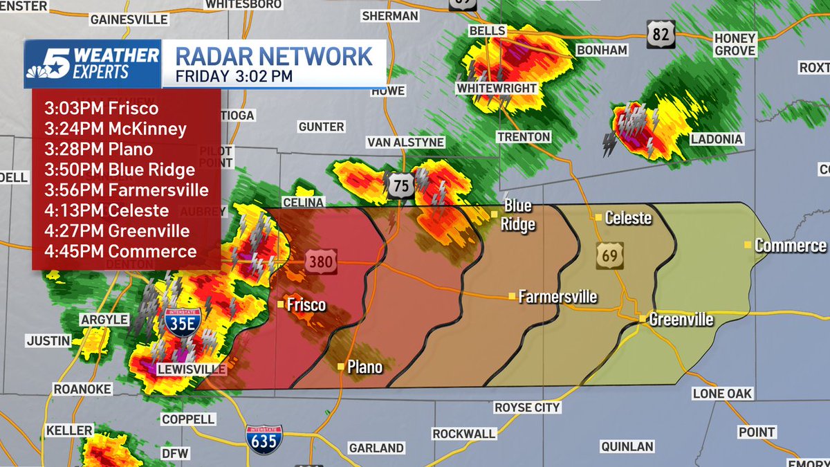 RickMitchellWX's tweet photo. 3:02 p.m. Friday: A SEVERE T-STORM WARNING for Denton/Collin counties due to quarter sized sized hail and 60 mph winds moving E@30 mph. Stay WEATHER AWARE! @nbcdfw   #NBCDFWWeather  https://t.co/r2letuzJkx https://t.co/LSYuIC4fAT
