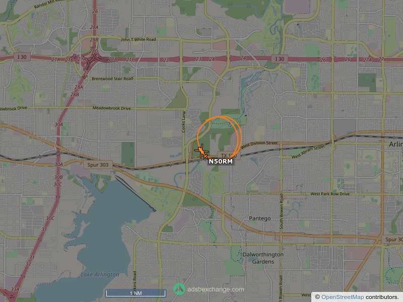 N50RM is circling over Arlington at 1200 feet, speed 73 MPH, 0.2 miles from Rush Creek globe.adsbexchange.com/?icao=a6391a&z…
