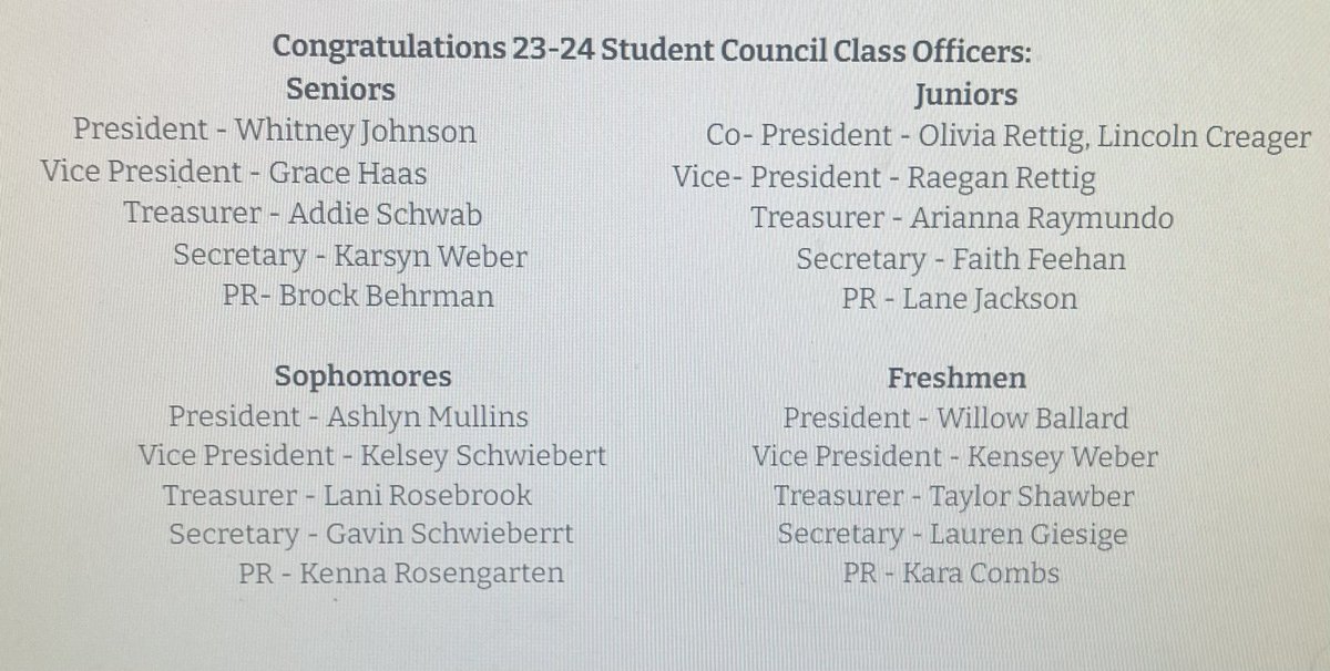 Congrats, 23-24 Student Council Class Officers!