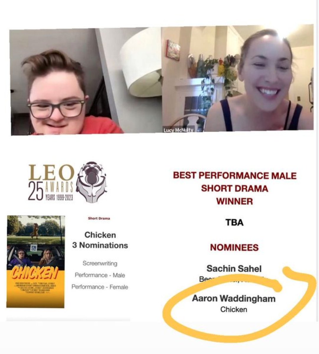 One of Ready for My Shot's self-advocates, Aaron Waddingham, got nominated for a @leoawards for his role in @chickenthefilm. 

Don't let anybody tell you what your loved one CAN or CANNOT do.  

All we need is opportunity. @RudermanFdn #DisabilityRepresentation