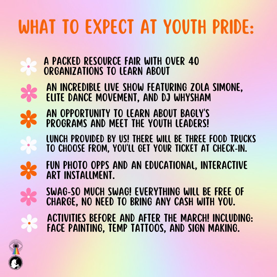 If you're wondering what to bring and what to expect at Youth Pride tomorrow, we've got you covered! Here's a quick guide. Don't hesitate to reach out if you have any questions, we can't wait to see everyone 🌈