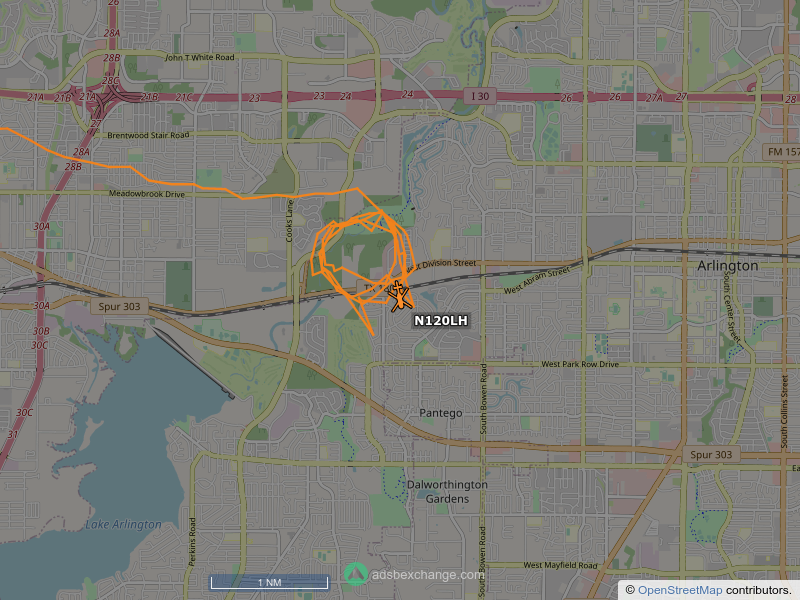N120LH is circling over Arlington at 1350 feet, speed 89 MPH, squawking 1200, 0.1 miles from Rush Creek globe.adsbexchange.com/?icao=a054b4&z…