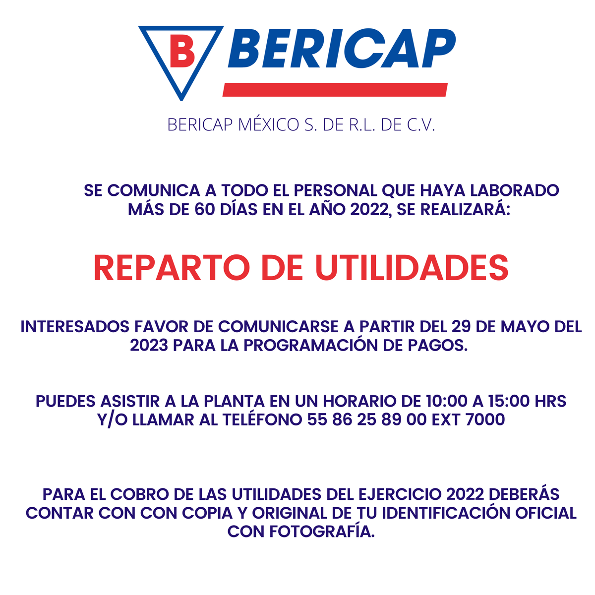 🚨Atención a todo el personal de Bericap: