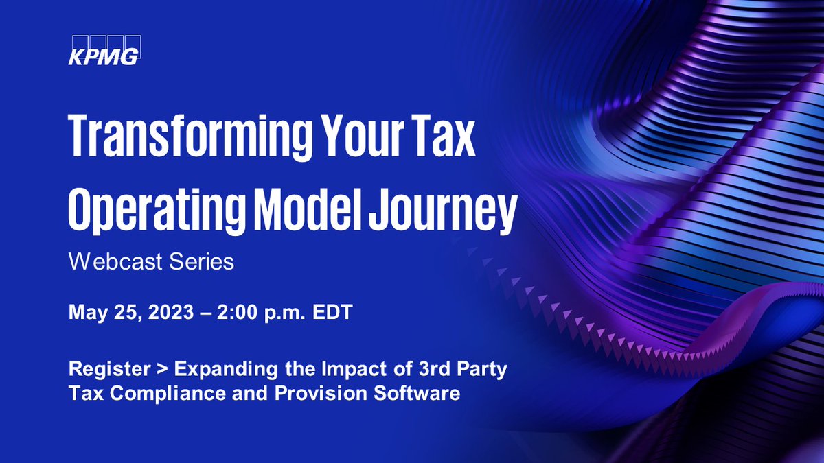 KPMG_US: Learn how to choose, implement, and integrate 3rd party #TaxCompliance and provision technology platforms for your company. Hear more during the #KPMGTax Ignition webcast on 5/25 at 2 PM ET. Participants can earn CPE credit: #TaxTechnology
…