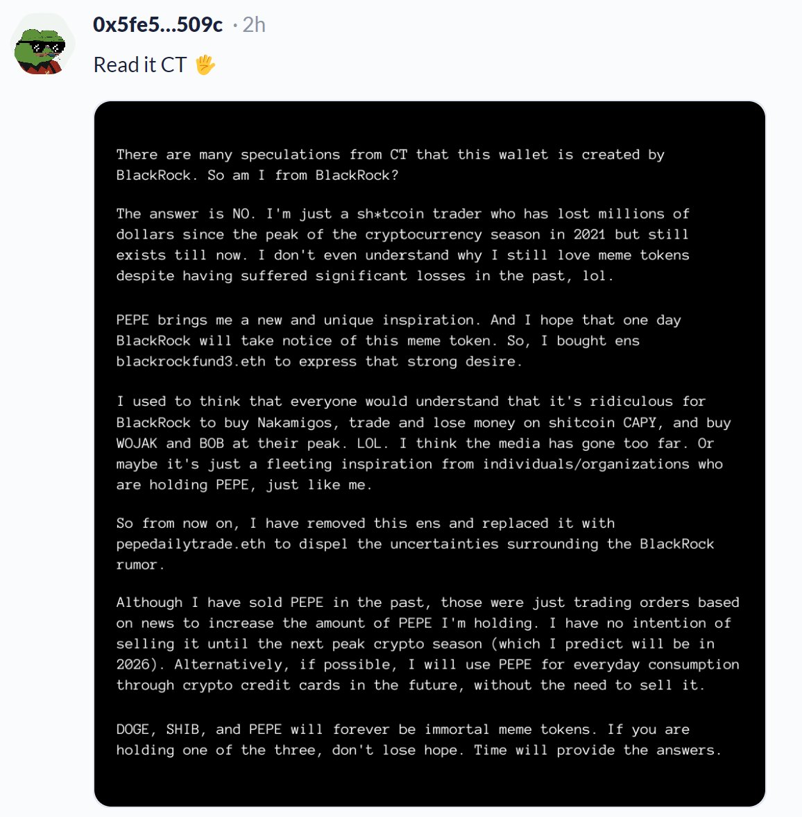 cryptomeena's tweet photo. The owner of ENS BlackRockFund has posted the below message for CT the person is not associated with BlackRock is the world's largest asset manager, with US$8.66 trillion in assets under management 

#PEPE #MEMEcoin #Memecoinseason2023 https://t.co/CMB83a67HM