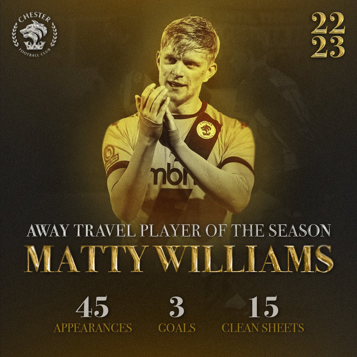 ChesterFC's tweet photo. 🏆 The Away Travel Player of the Season for 22/23 is @mattywilliams01! 💪

#OurClub 🔵⚪️ #CFCAwards https://t.co/HzP0C6VxYa