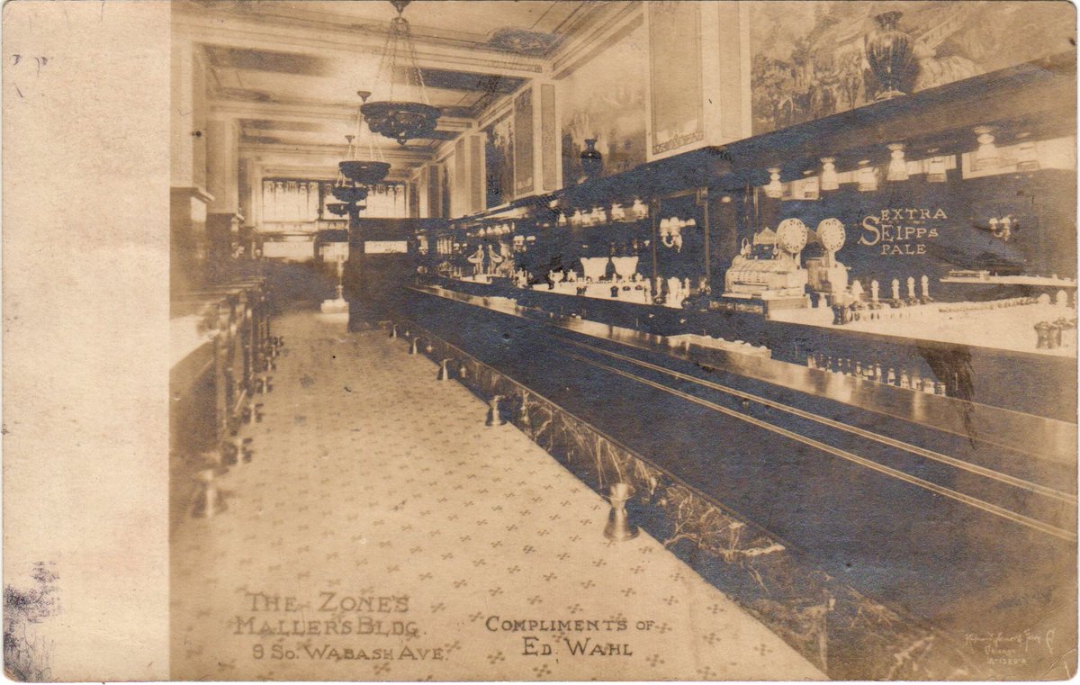 thechippinn's tweet photo. From the Chipp Inn attic...

The Zones, a saloon located on the ground floor of the Mallers Building at 5 S Wabash. Postcard dates to 1912, the year the Mallers opened, and the stand-up bar featuring @SeippBeer Extra Pale and appropriately spaced spittoons. 

#FormerTavernFriday https://t.co/0ei9Q4vPOU