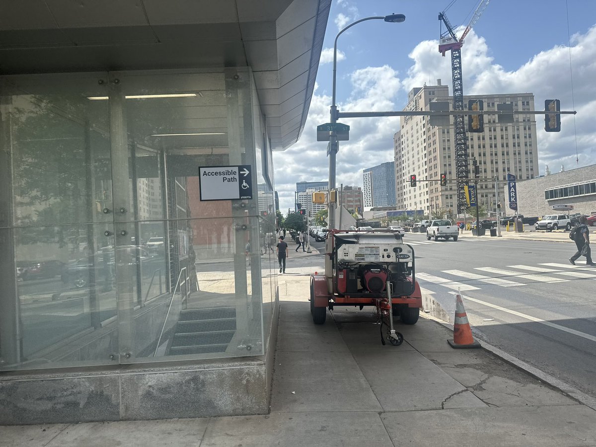 gcdidthis's tweet photo. Hey @SEPTA might want to move your power washer blocking the Accessibility Path.   Just sitting there all day.   But hey they did leave a cone! #philly #Philadelphia #septa https://t.co/2GYjQTLJUk