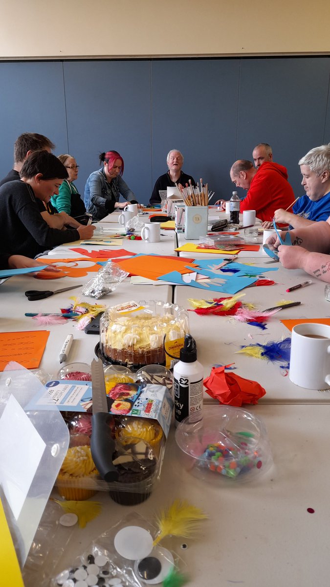 SheffieldVoices's tweet photo. Our Art of Voice group today was visited by Harriet from Sheffield University to meet everyone and get stuck into making birds using CDs. It was Lucy and Michael's birthday so we all ate a lot of cake and danced to Grease #artofvoice #fundancing #friendship #creativeselfadvocacy https://t.co/i7r5rYJayQ