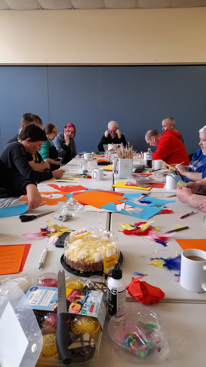 SheffieldVoices's tweet photo. Our Art of Voice group today was visited by Harriet from Sheffield University to meet everyone and get stuck into making birds using CDs. It was Lucy and Michael's birthday so we all ate a lot of cake and danced to Grease #artofvoice #fundancing #friendship #creativeselfadvocacy https://t.co/i7r5rYJayQ