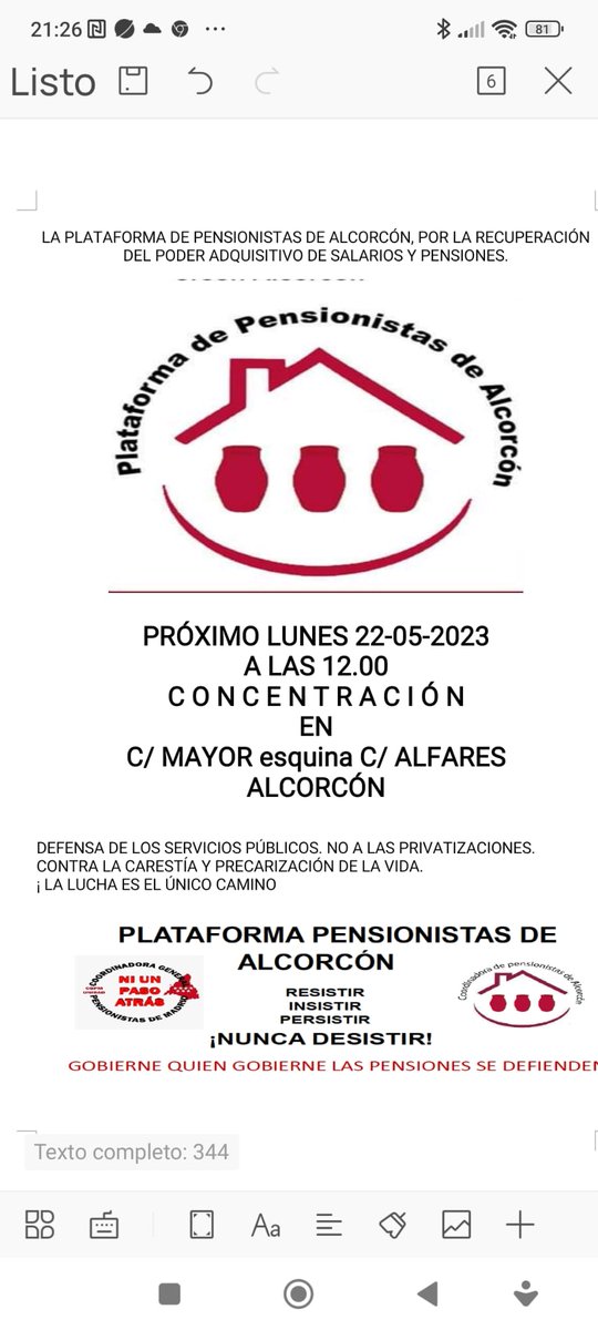 El Lunes 22 en Alcorcón como siempre en calle Mayor, pero el jueves 25 en el Congreso concentración muy importante por la pensión mínima de 1.080 €.
#GobierneQuienGobierne .....
#AyusoDimisión