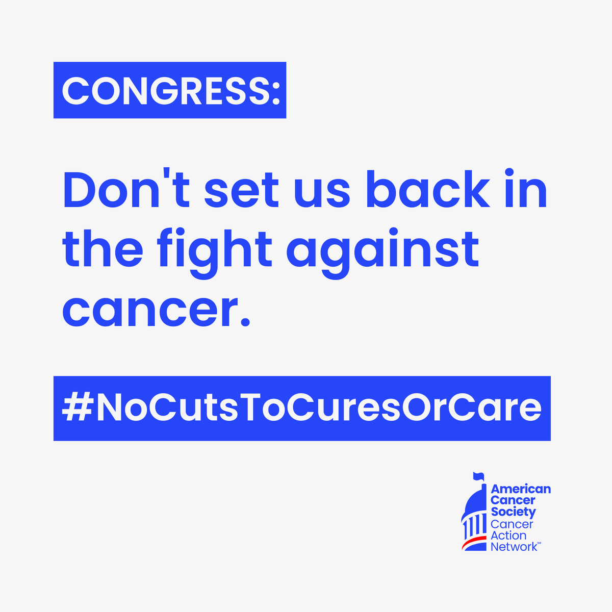 ACSCAN's tweet photo. Millions of cancer patients, survivors &amp; families are counting on lawmakers to protect cancer research funding, prevention, early detection &amp; access to care.

Congress: Don’t let them down. Oppose cuts to cancer cures and care in any debt ceiling proposal.

#NoCutsToCuresOrCare https://t.co/JyojVgg2wq