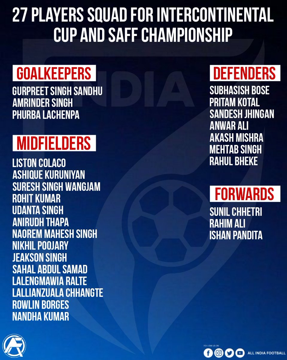 Igor Stimac has announced his 27 players squad for upcoming Intercontinental Cup & SAFF Championship.

#India #NationalTeam #intercontinentalcup #SAFFChampionship #BacktheBlues #indiasquad #allindiafootball