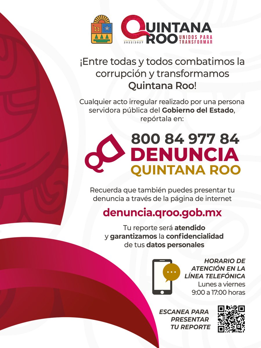 EstudiaEnCancun's tweet photo. DENUNCIA QUINTANA ROO

Página: https://t.co/dN79wg26bv
Teléfono: (800) 84 977 84
Por escrito libre: entregado por medio de Oficialía de Partes de la Secretaría de la Contraloría, ubicado en Av. Revolución No. 113, Col. Campestre. C.P. 77030, Chetumal, Q… https://t.co/L3qwazbOkV