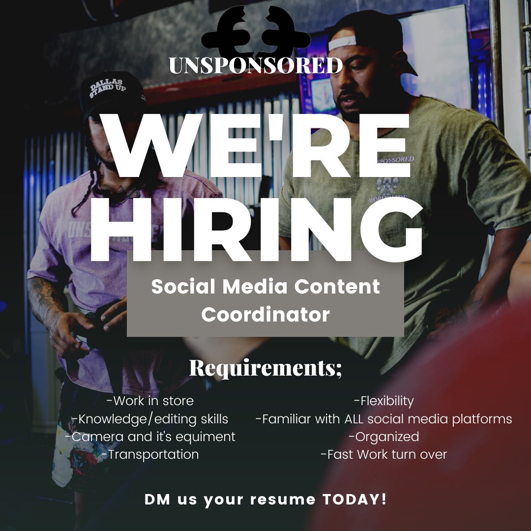 unsponsored22's tweet photo. Join the 𝙐𝙉𝙎𝙋𝙊𝙉𝙎𝙊𝙍𝙀𝘿 team! 
Send in your resume via DM ⛓️

#nowhiring #jointheteam #socialmediacoordinator https://t.co/7AW5cGdSA4