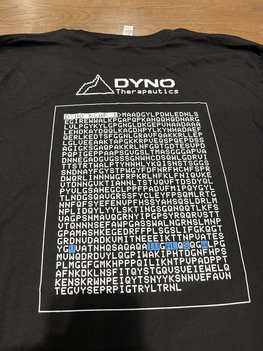 Highlight of #ASGCT2023: Generative AI-mediated design of a novel AAV capsid with brain tropism (and great activity) by @Dyno_Tx! No better way to get the word out there than free T-shirts