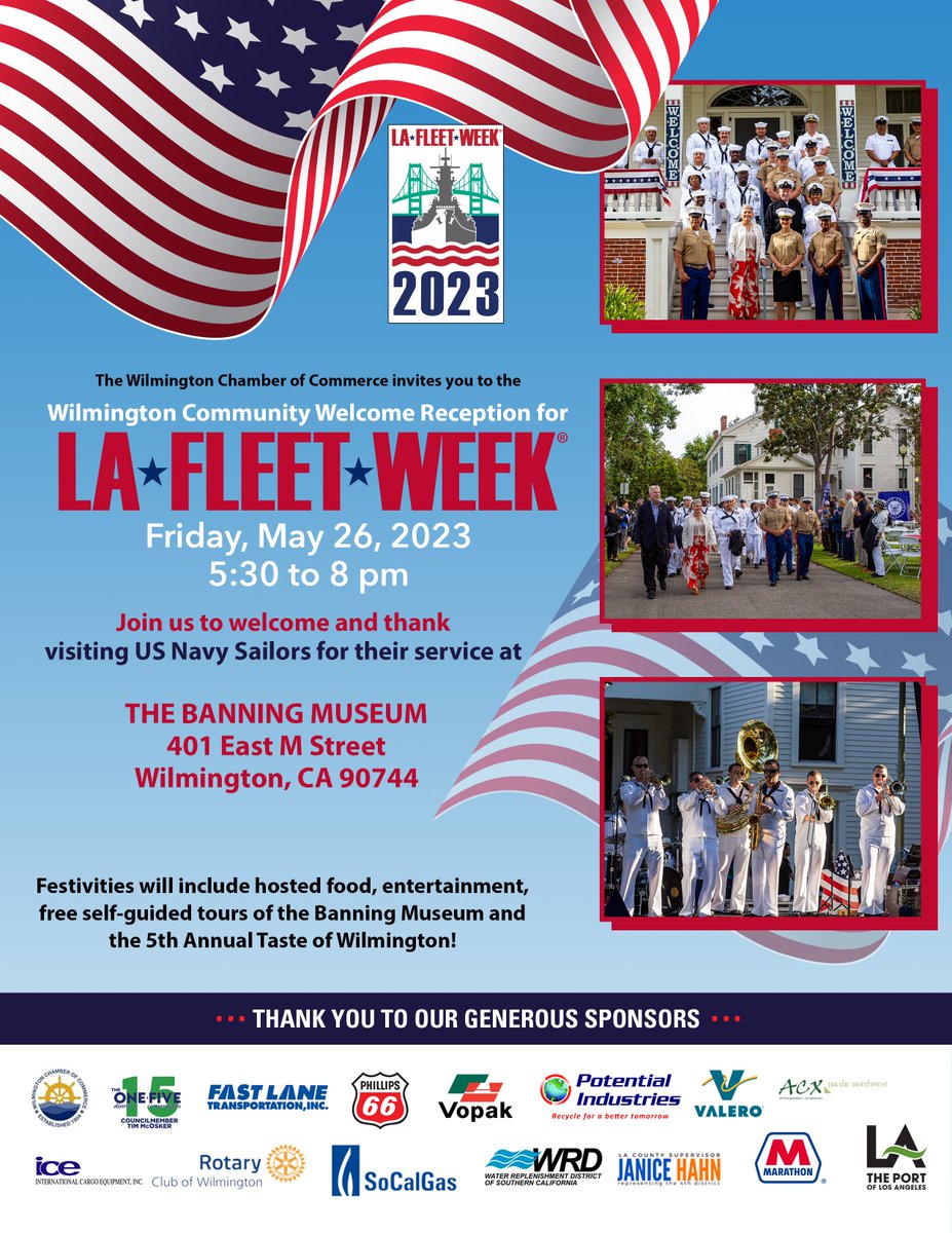 PortofLA's tweet image. The Port of Los Angeles is proud to sponsor TWO opportunities for you to welcome the @USNavy, @USMC and @USCG for #LAFleetWeek2023! Join us for the San Pedro Welcome Party on Thursday, May 25 and Wilmington Welcome Reception on Friday, May 26. lafleetweek.com