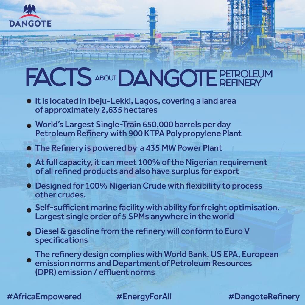 Some facts about Dangote Petroleum Refinery that you should know
#WeAreDangote #EnergyForAll #AfricaEmpowered #DangoteRefinery