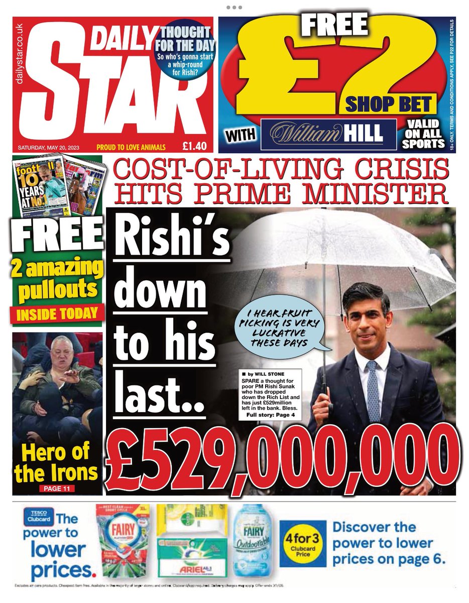Here is Saturday’s front page from the: 

#DailyStar 

#TomorrowsPapersToday #newspapers #stayinformed #currentevents #readallaboutit #news #journalism #dailynews #buyanewspaper 

Rishi down to his last £529.000.000