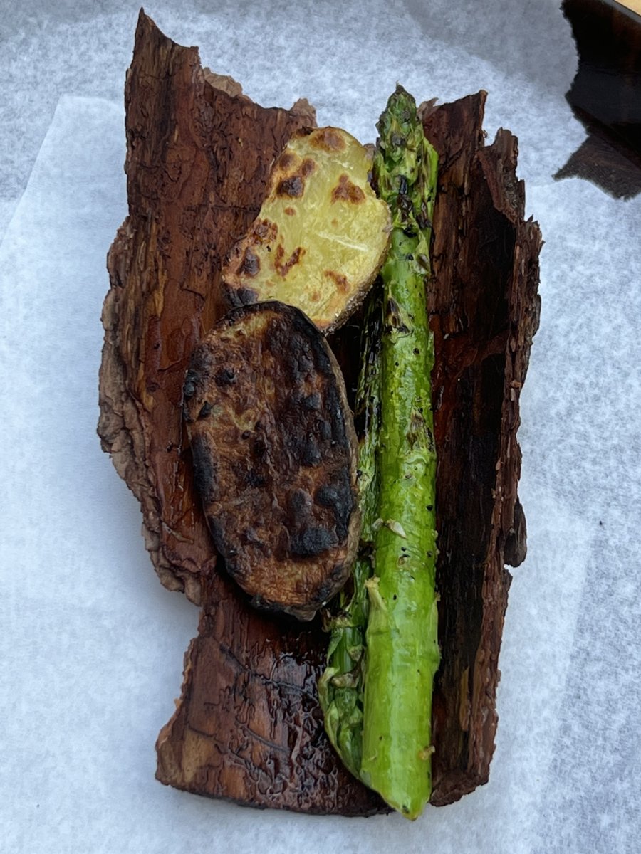 writing_climate's tweet photo. Pure potatoe on pure asparage on pure wood. This wood was sampled by #marcelinawellmer who also invited #JamieAllen Of course, now I will read more on #metabolism. Thank you all for this nice evening! https://t.co/OUGsW1wF6v