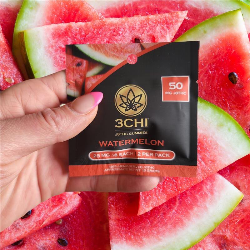 3CHIcanna's tweet photo. Indulge in the delicious flavors of our watermelon gummies, made with the highest quality hemp-derived Delta 8 THC. Perfect for on-the-go or a night in, our edibles are the ultimate treat #3chi #3chigummies #3chiedibles https://t.co/jrYzygsukN