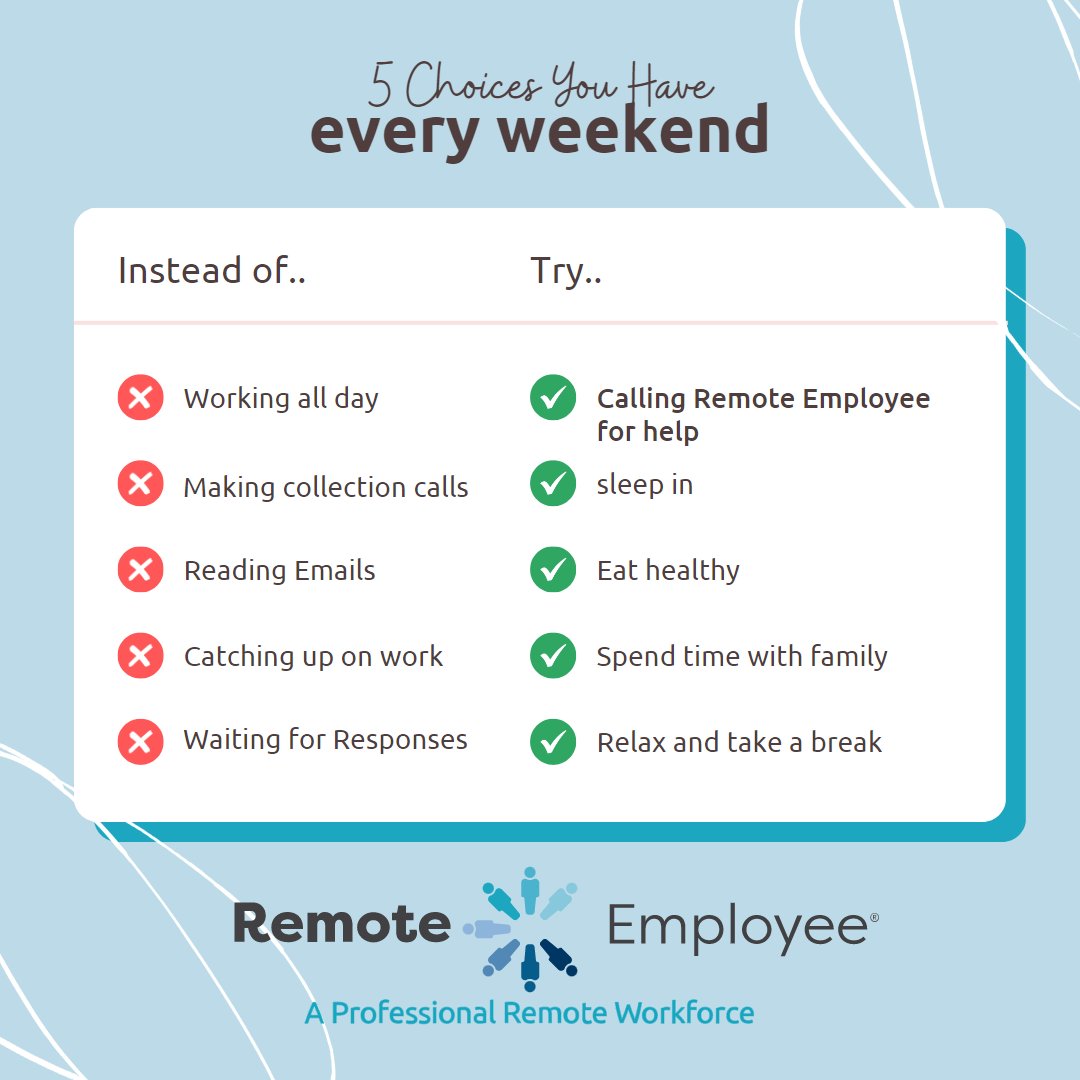 RemoteEmployBPO's tweet photo. #Weekend vibes: Relax, or consider a #productivity boost! 😎💼As you unwind, why not explore the possibilities of #BPO? Our experienced #professionals are ready to elevate your business. 🚀 Maximize your time, efficiency, and results. Let's transform the way you work! #Outsource https://t.co/njv9gMGAV8