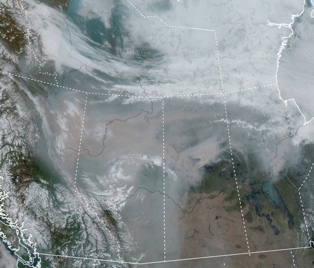 Mikeggibbs's tweet photo. This is the GOES satellite shot from space 15 minutes ago.

Look at all that smoke.

Oh my God. 

ALL of Alberta, northern BC, northern and central Sask and Manitoba. https://t.co/9ZEDdjbBQd