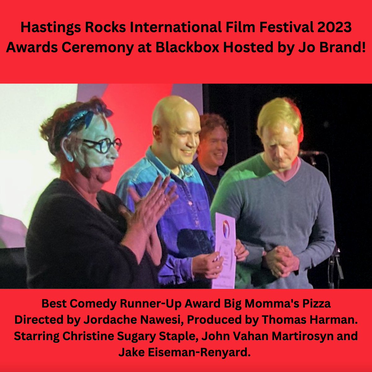 It's not everyday you get presented #BestComedy Runner-Up by #Hastings own #JoBrand! With #BigMommasPizza picking up the honour at this years #HastingsRocksInternationalFilmFestival 2023 held at @BlackBoxHST Hastings. 

#RunnerUpAwardWinner #Comedy #Film #HRIFF #HRIFF23