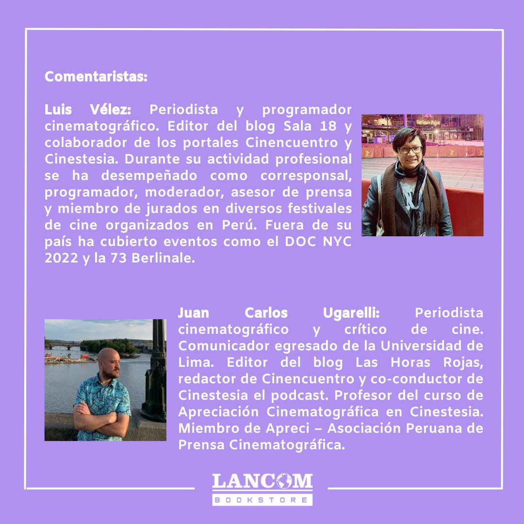 LancomLibreria's tweet photo. 🟣#Agenda   Este sábado 20 a las 7 pm en @LancomLibreria presentaremos Imagen y Crítica: Escritos sobre cine, del filósofo y crítico de cine Sebastián Pimentel.  

Participan: Luis Vélez (@LuisVelezNueve)  y Juan Carlos Ugarelli (@JCUgarelli)  

Ingreso libre. https://t.co/6wrxpnBPEL